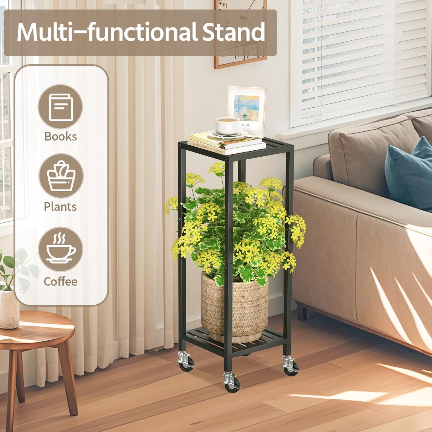 LASZOLA Plant Stand Shelf Indoor Outdoor Tall Corner, 2 Tier Metal Black | Iron Flower Holder with Wheels for Large