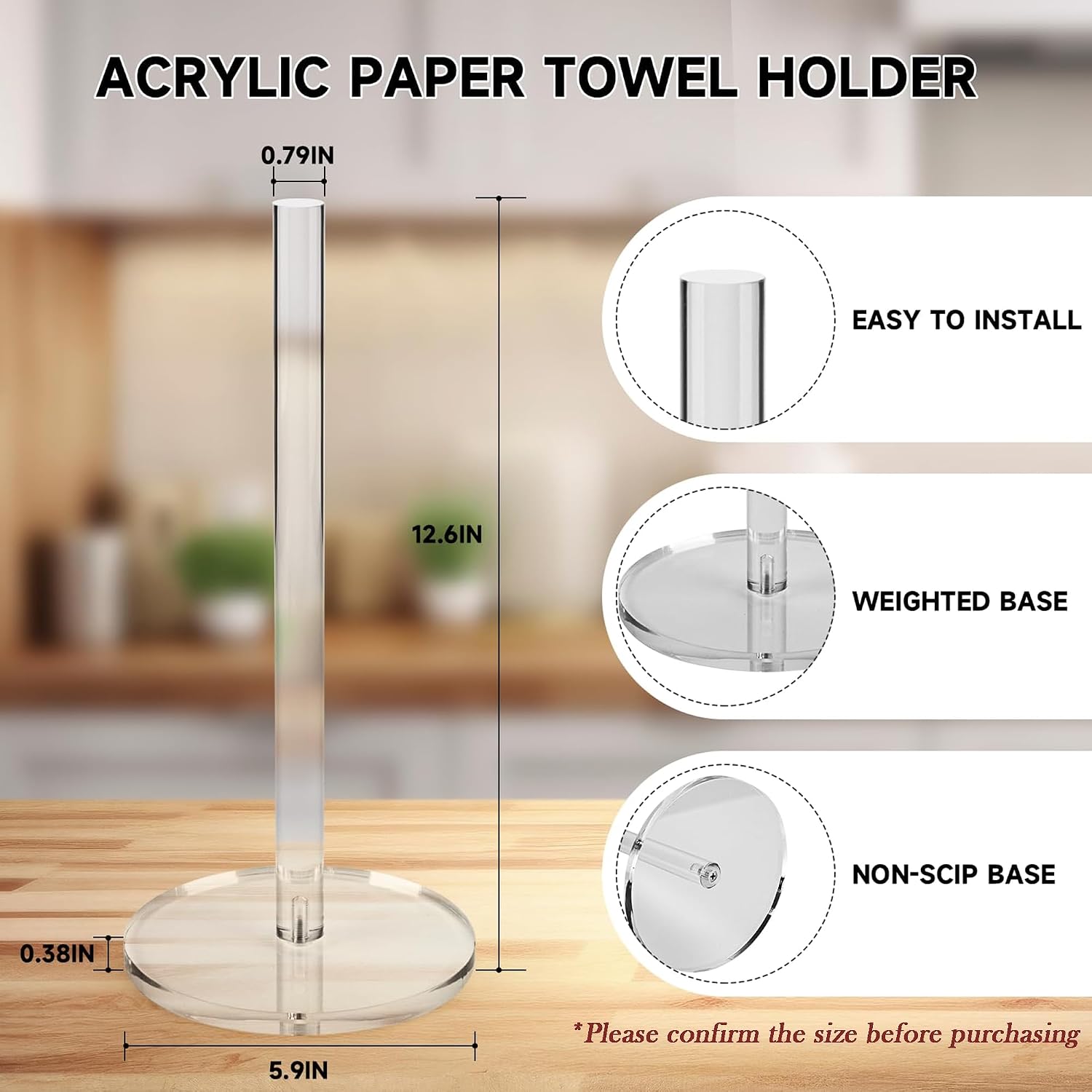 Paper Towel Holder Countertop Clear Acrylic 5.9" Diameter Thickening Sturdy Base,for Kitchen Bathroom, Paper Towel
