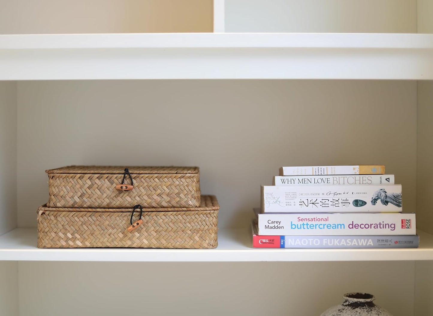Wicker Basket / Flat Seagrass Storage Bins / Natural / Set of 2