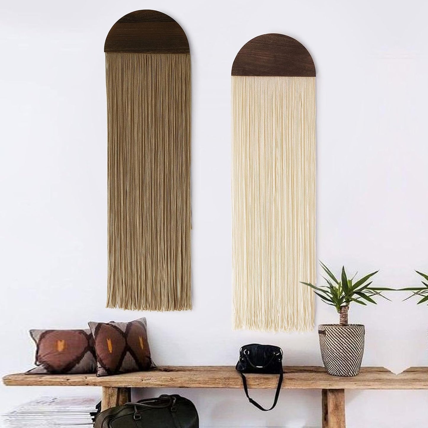 Macrame Wall Hanging Boho Wall Decor Handmade Macrame Art Tapestry / Ivory and Brown / Set of 2