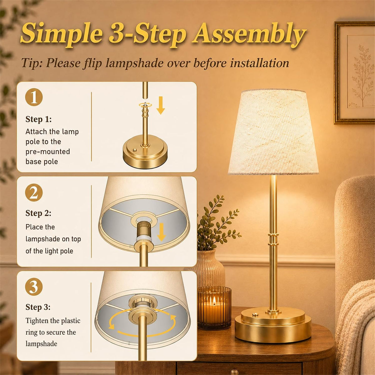 Rechargeable Cordless Table Lamp, Battery Operated Bedside Lamp, Gold | 6000mAh, 4H charge, 12-36H runtime, 2500K warm