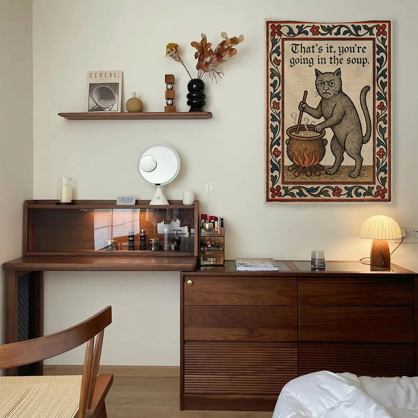 Weird Medieval Cat Woven Tapestry Vintage Medieval Cat Aesthetic / Tapestries / White / 60"L x 40"W