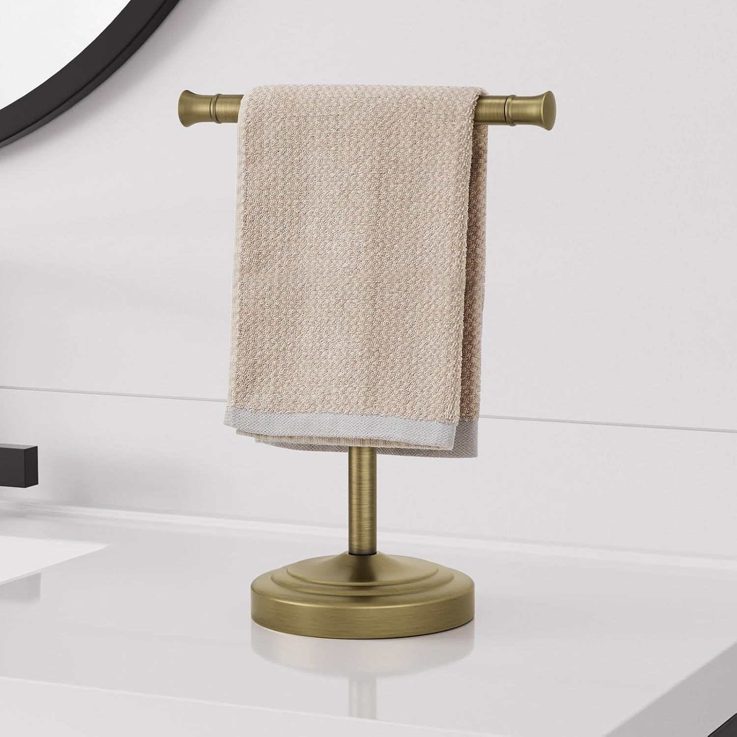RUMOSE Antique Brass Hand Towel Holder Stand Countertop Towel Rack | 13 Inch Bathroom Kitchen Vanity T-Shape Towel