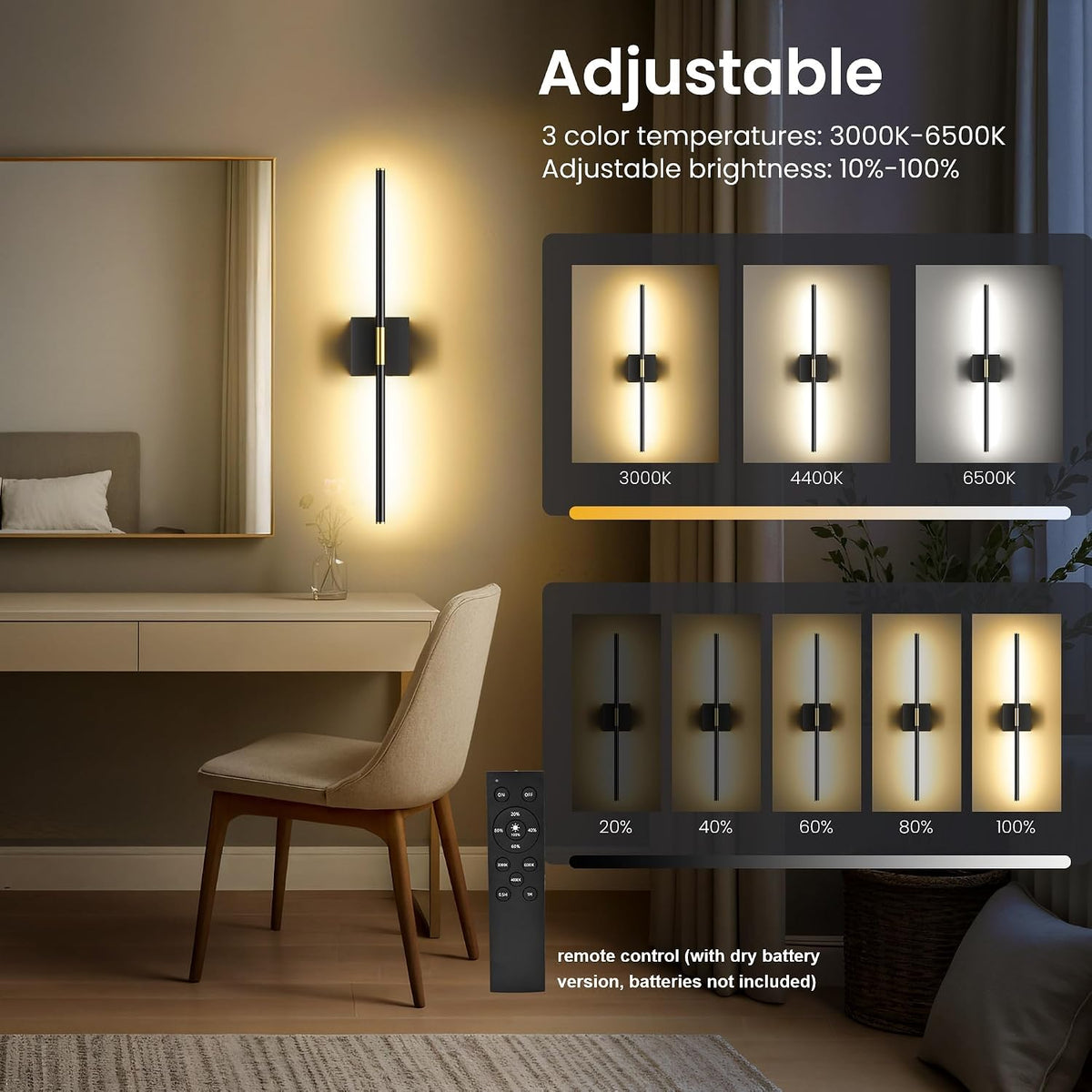10000mAh Battery Operated Wall Sconces Set of 2, Black Gold-29Inch | 3CCT, Renter Friendly, Rechargeable, Remote, 360°