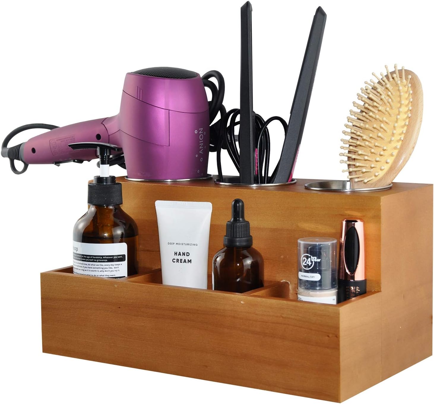 Hair Tools Organizer - Wood Tan - Blow Dryer, Straightener, Curling Wand, Brushes Holder - Vanity & Bathroom Storage