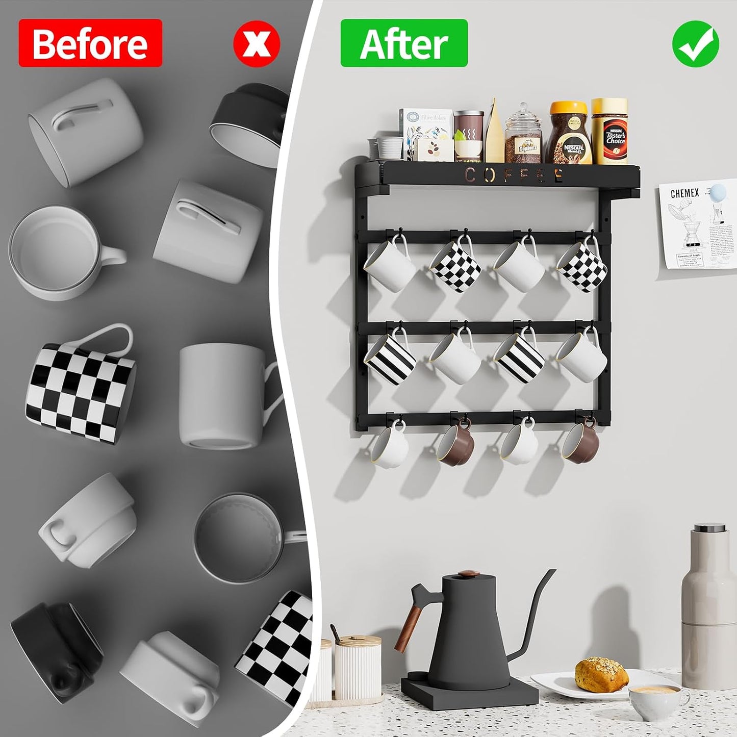 Coffee Mug Holder Wall Mounted with 12 Movable Hooks | Sturdy Metal Coffee Cup Holder with Large Top Shelf for Mug