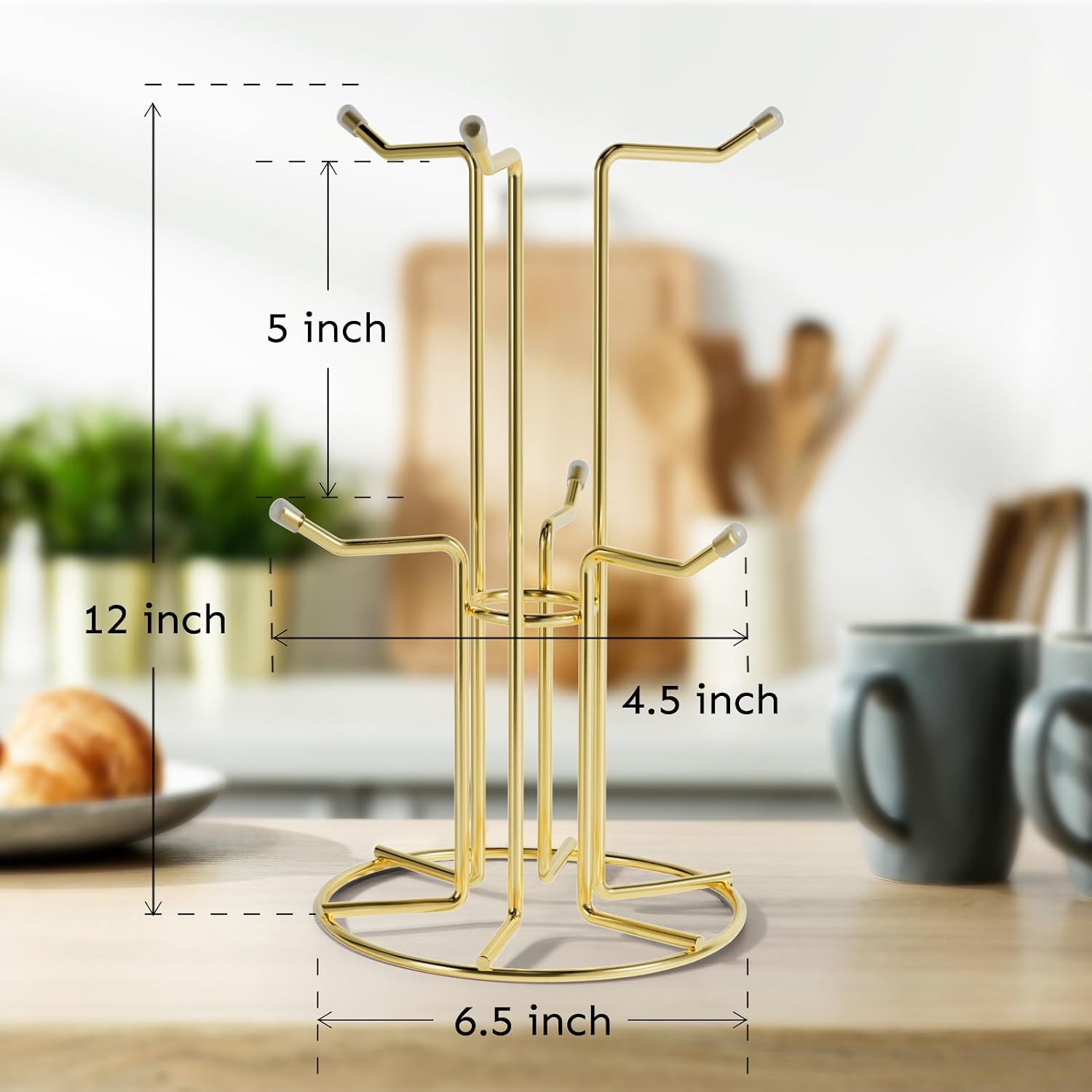 HULISEN Mug Tree for Large Cups, 6 Hook Countertop Coffee Mug Holder, Gold | Cup Rack for Counter, Stable Wide Base