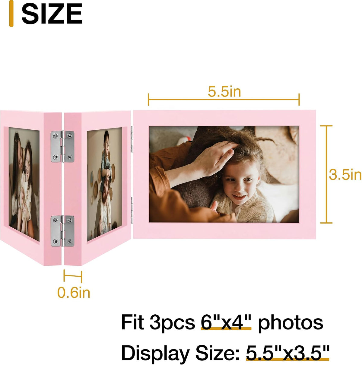 decorUhome Pink Triple 6x4 Picture Frame Horizontal, MDPK08 | "Z" Shape Folding Design Engineered Wood Trifold Photo