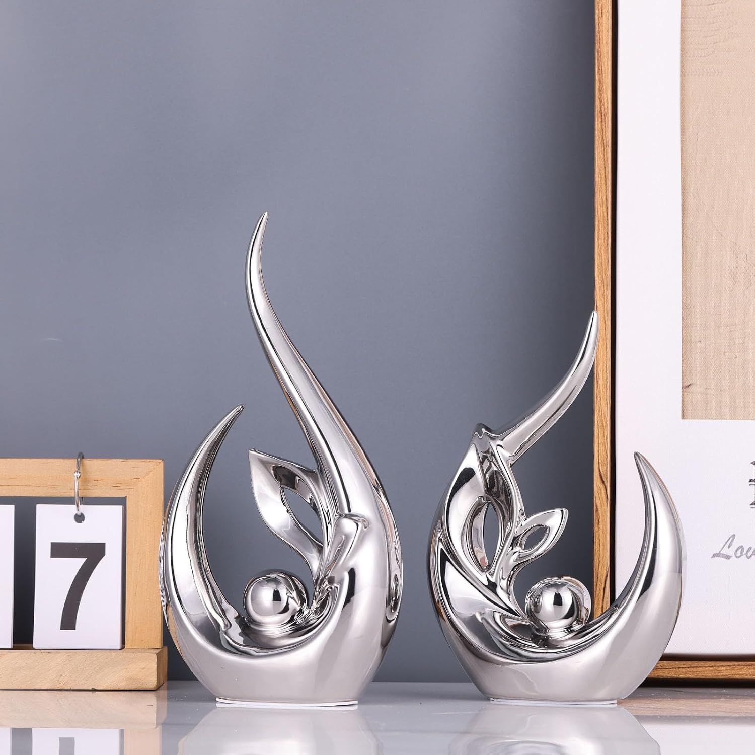 Ceramic Statues / Abstract Art Mid Century Modern Decor / Silver