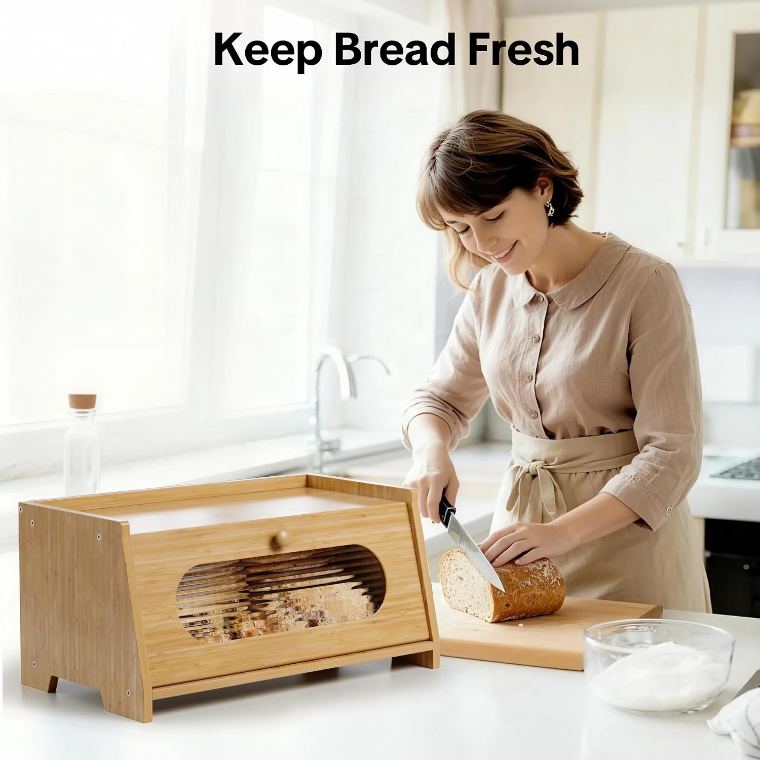 Bamboo Bread Box for Kitchen Countertop,Large Capacity Kitchen Countertop Organizer,Bread Storage with Acrylic Window