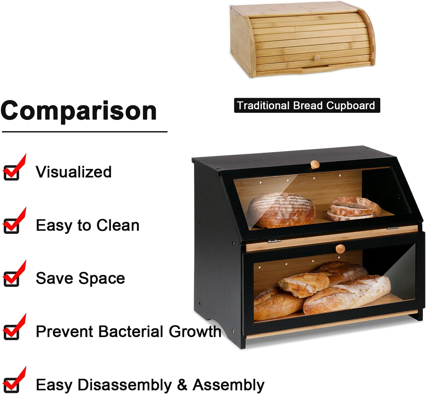 HOMEKOKO Double Layer Wooden Bread Box, Keep Bread Fresh Longer, Black | Keeps Bread Fresh 3-4 Days, Large Capacity