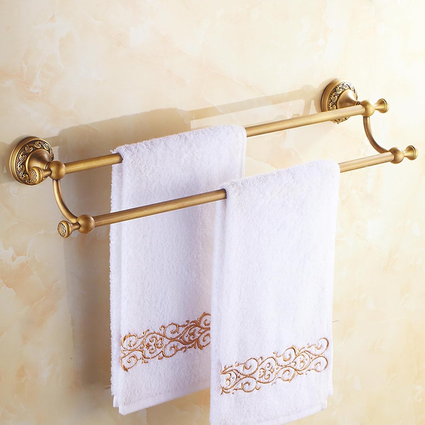 Wall Mounted Bathroom Double Towel Rack, Towel Bar Adjustable 15.5 to 27.5 Inch Antique Brass Pattern Carving,Brushed