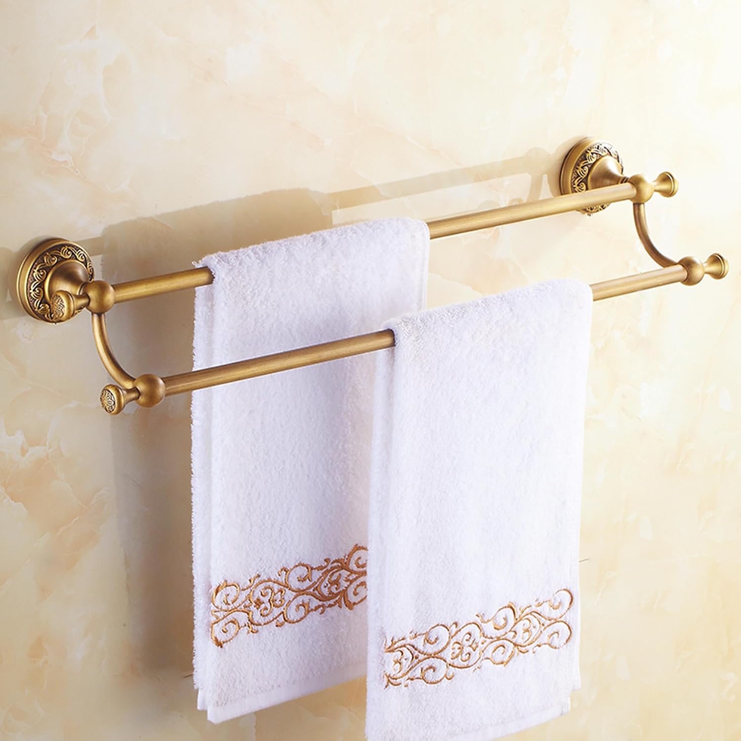 Wall Mounted Bathroom Double Towel Rack, Towel Bar Adjustable 15.5 to 27.5 Inch Antique Brass Pattern Carving,Brushed