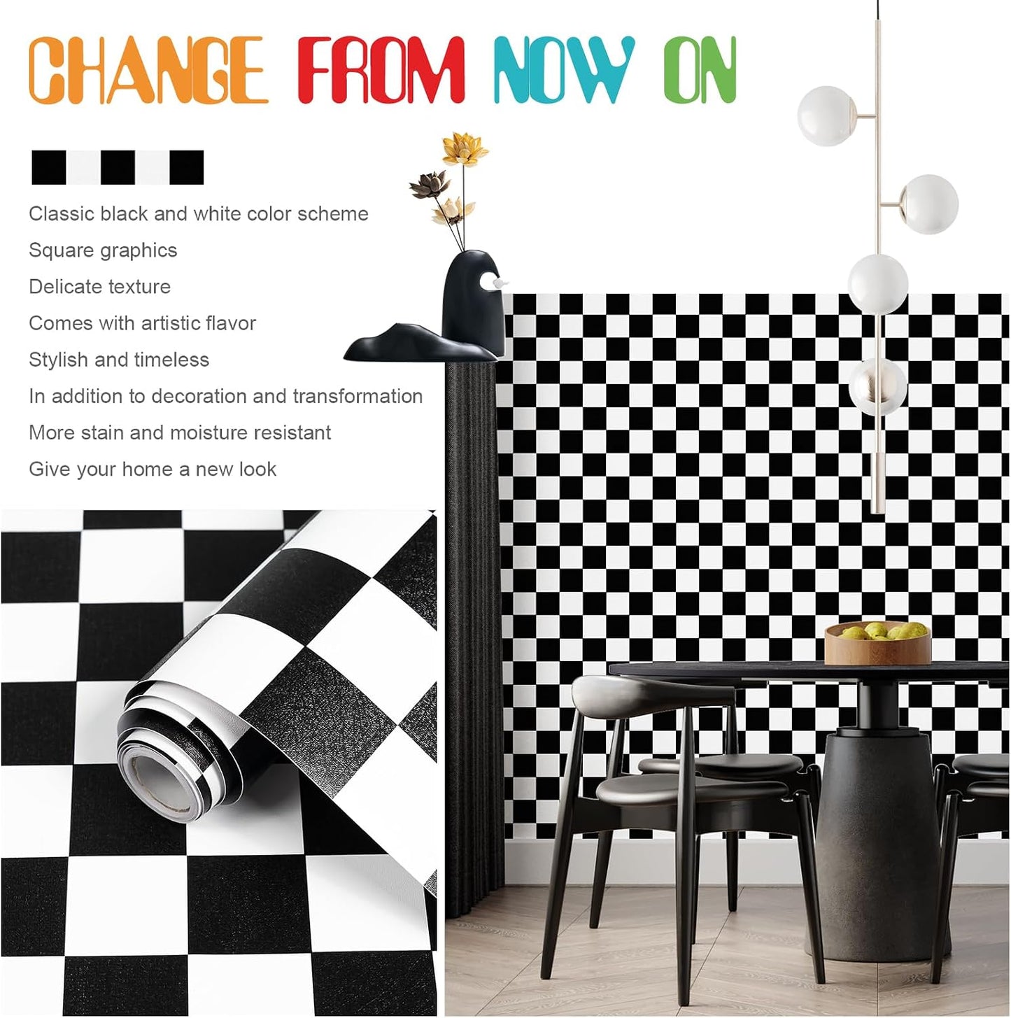 White Checkered Flag Contact Paper Checkerboard Peel / 17.3 x 480 / Checker / Black / Set of 17