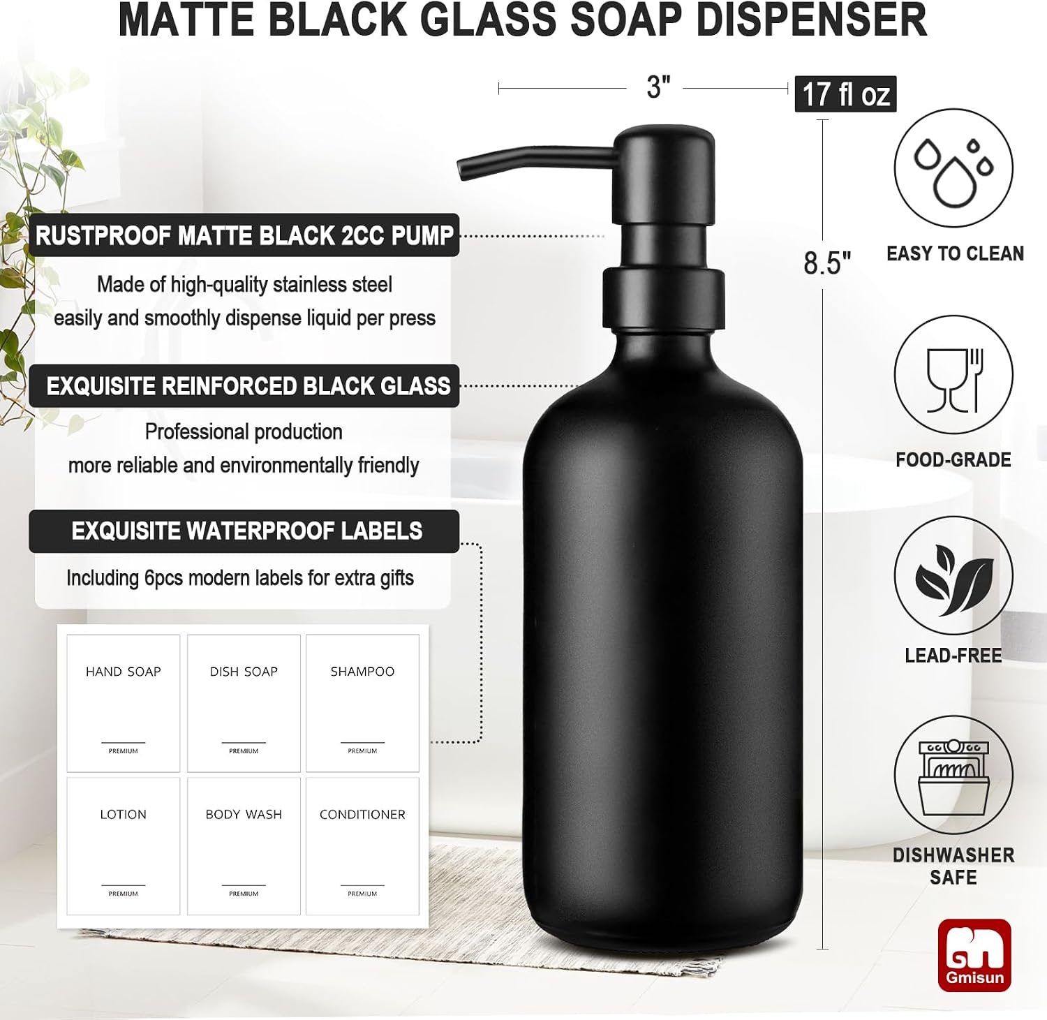 GMISUN Black Soap Dispenser, 2 Pack Matte Black Hand Soap Dispensers Bathroom with Stainless Steel Pump, 17 Fl Oz Glass