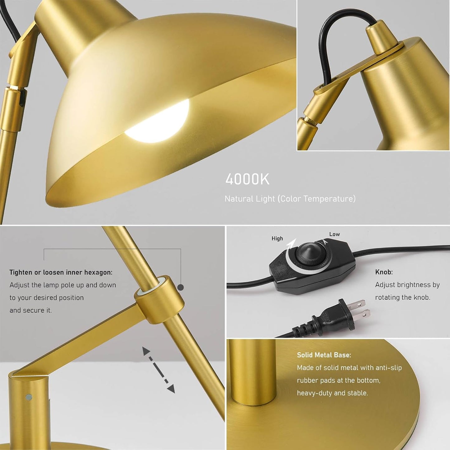 Desk Lamp Modern Industrial 100% Metal Adjustable Table Lamp 24", Natural Light (4000K) with Dimmer, Ideal for Office