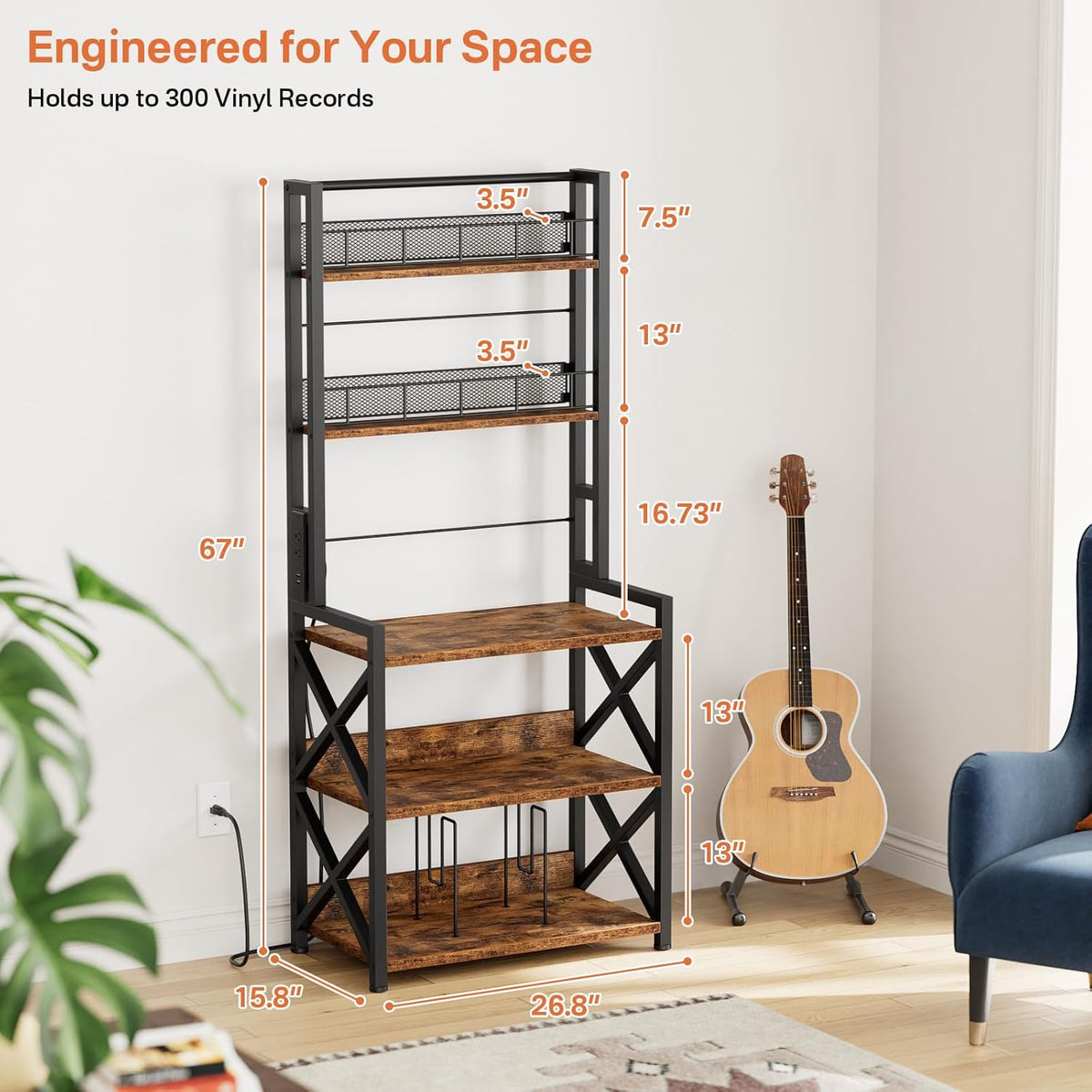 Record Player Stand with Power Outlet - Turntable Display Shelf | 5-tier Vinyl Record Storage Rack Holds 300 LPs, Media