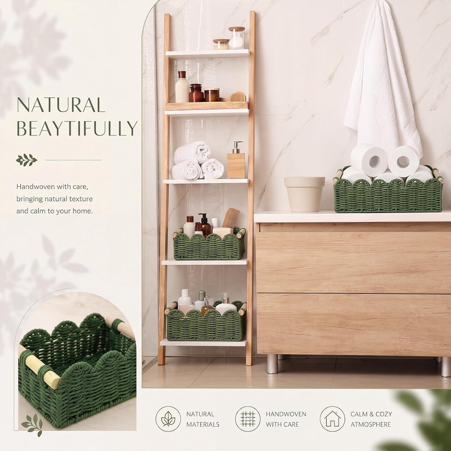 Wicker Baskets / Scalloped Edge Toilet Paper Basket / Sage Green / Set of 3