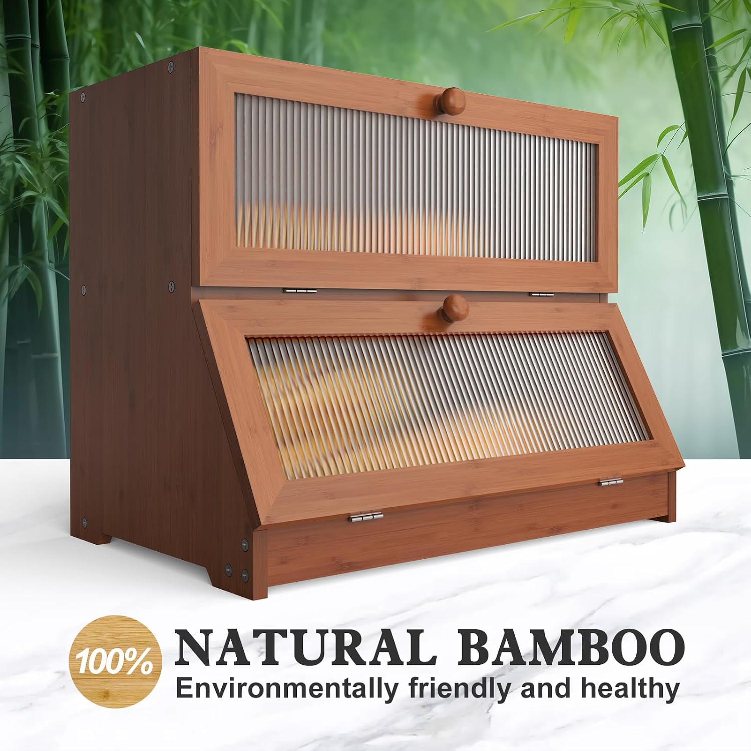 LOHASOK Bread Box for Kitchen Countertop,Brown | 2-layer, Bamboo, Large, Farmhouse Bread Container Holder Storage