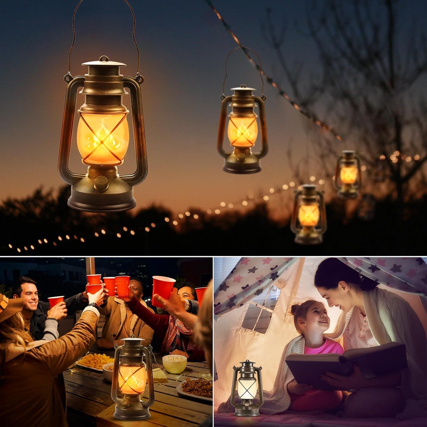 2 Pack Battery-Powered LED Bronze Vintage Lanterns with Remote Control | 2 Lighting Modes, Outdoor Lights with Dancing
