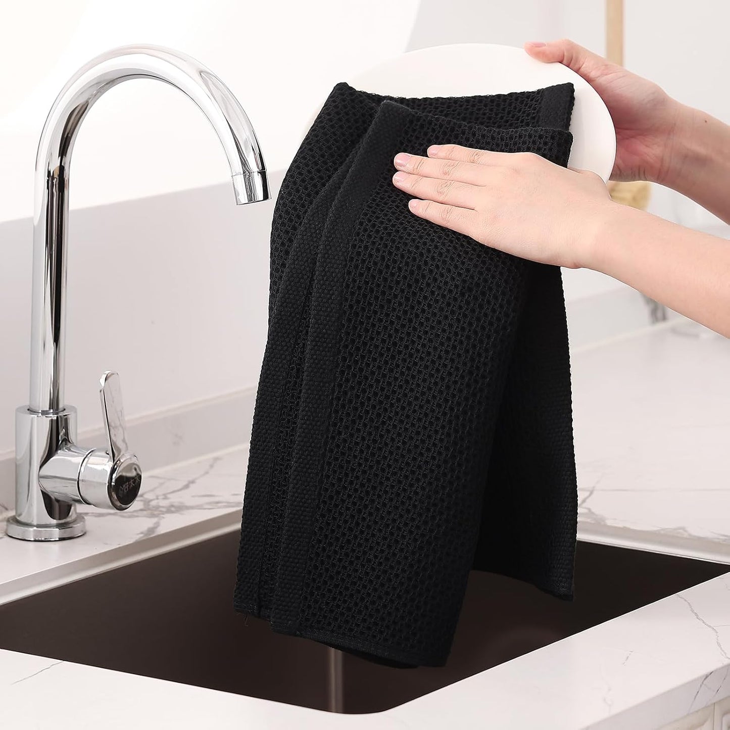 Homaxy 100% Cotton Oversized Waffle Weave Kitchen Towels 8-Pack, Black | 20 x 28 Inches, Ultra Soft Absorbent Dish