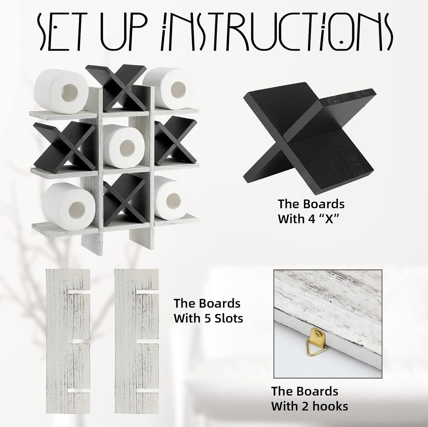 Weysat Tic Tac Toe Toilet Paper Holder,Retro White, Black | Farmhouse Bathroom Decor, Freestanding or Wall Mount