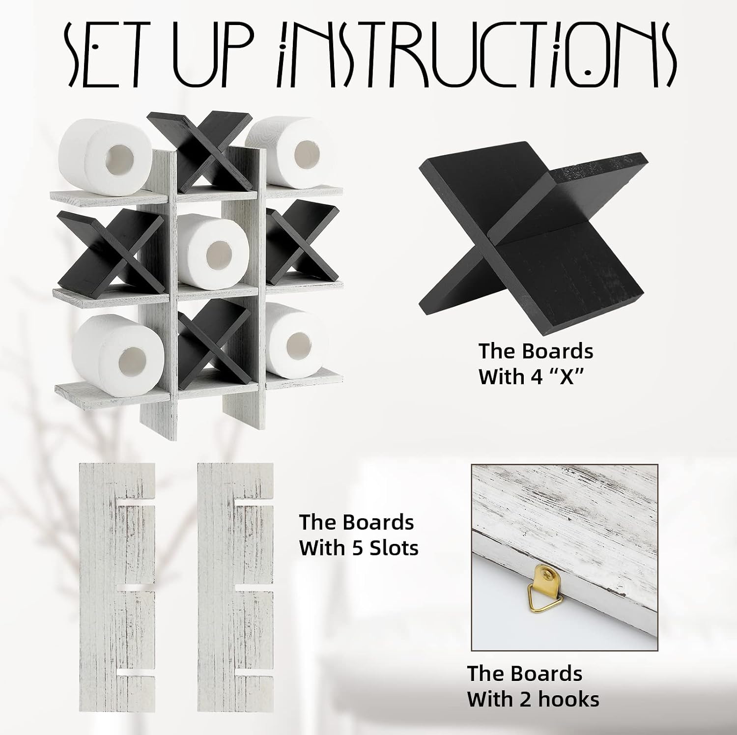 Weysat Tic Tac Toe Toilet Paper Holder,Retro White, Black | Farmhouse Bathroom Decor, Freestanding or Wall Mount