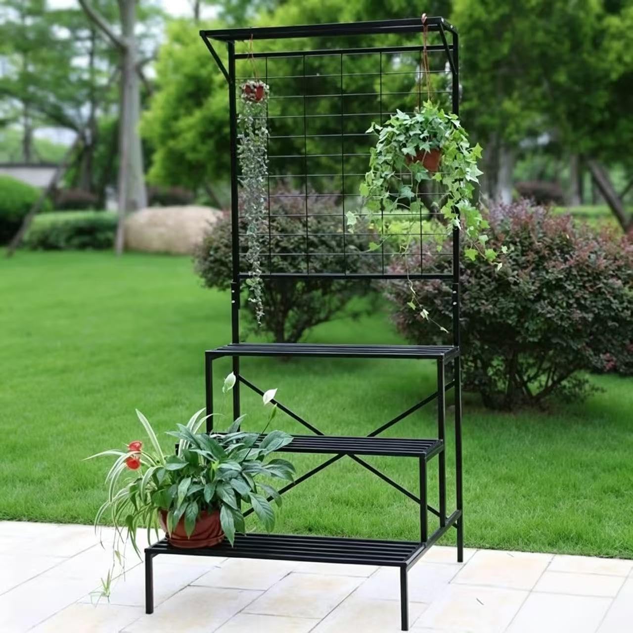 Zhongma 3 Tier Large Heavy Duty Plant Stand with Hanging Plant pot shelf, 35.43 x 33.27 x 78.74, Tall multi layer Plant