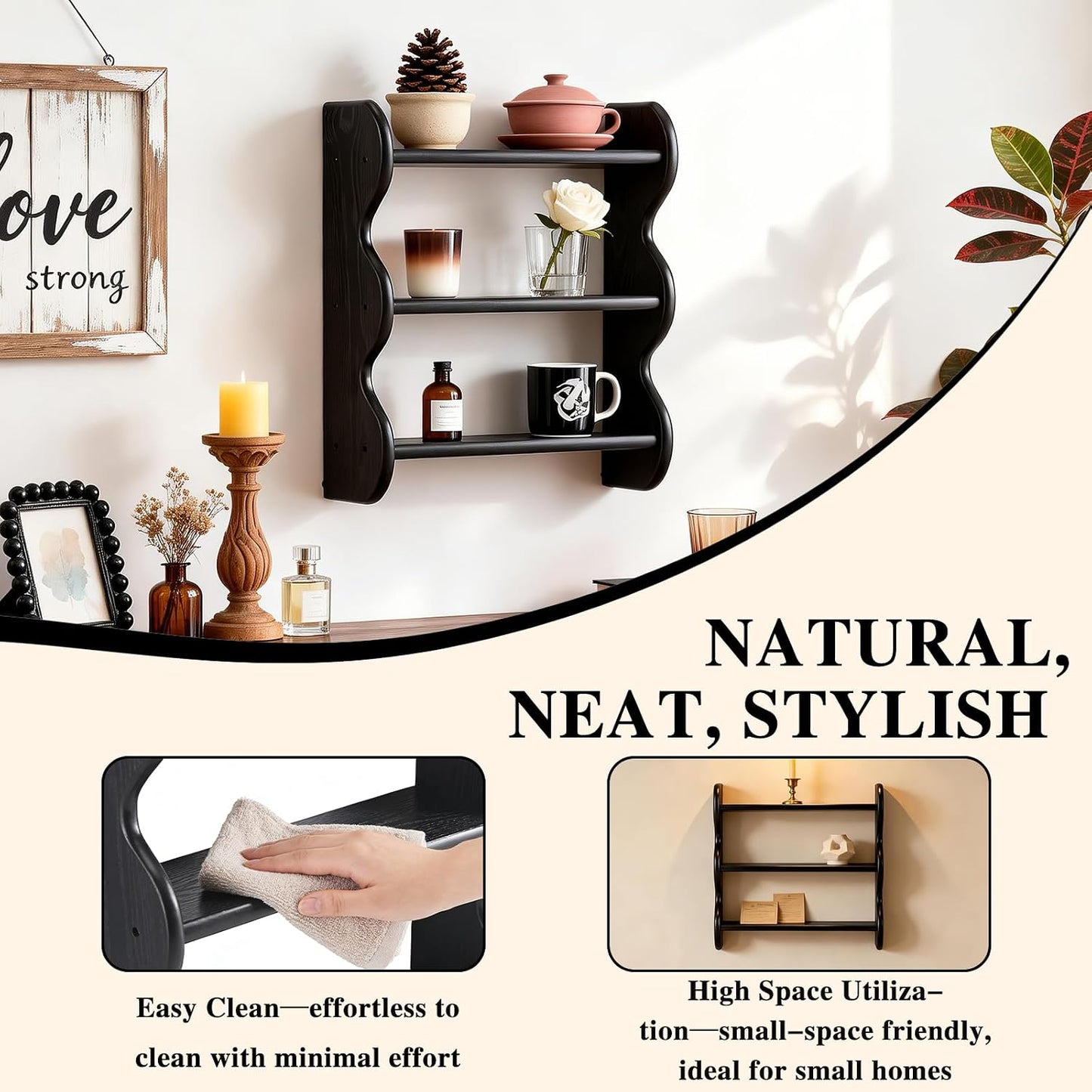 Vintage Wall Shelves Wall Mounted Storage Rack 3-Tier / Black