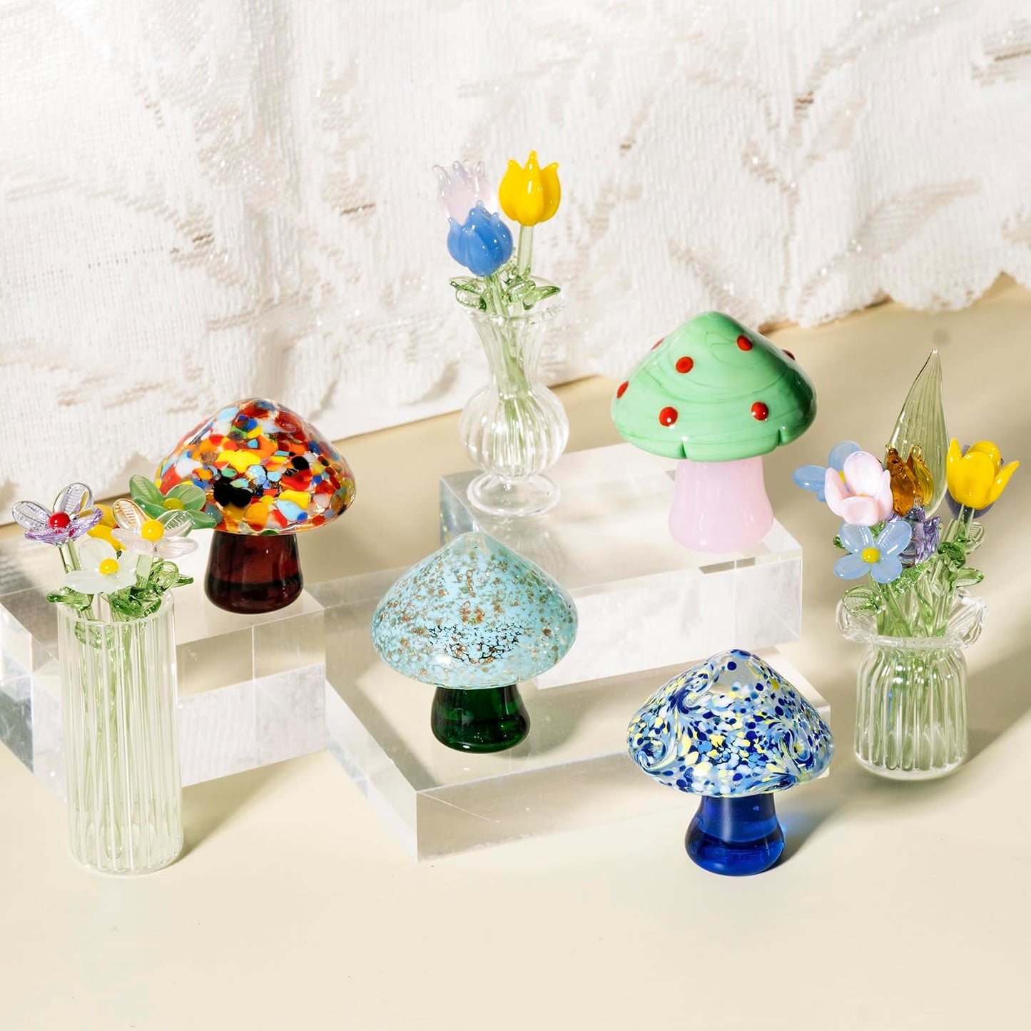 Blown Glass Mushrooms Figurines Miniatures Mushrooms for Fairy Garden / Style 3 / Set of 4