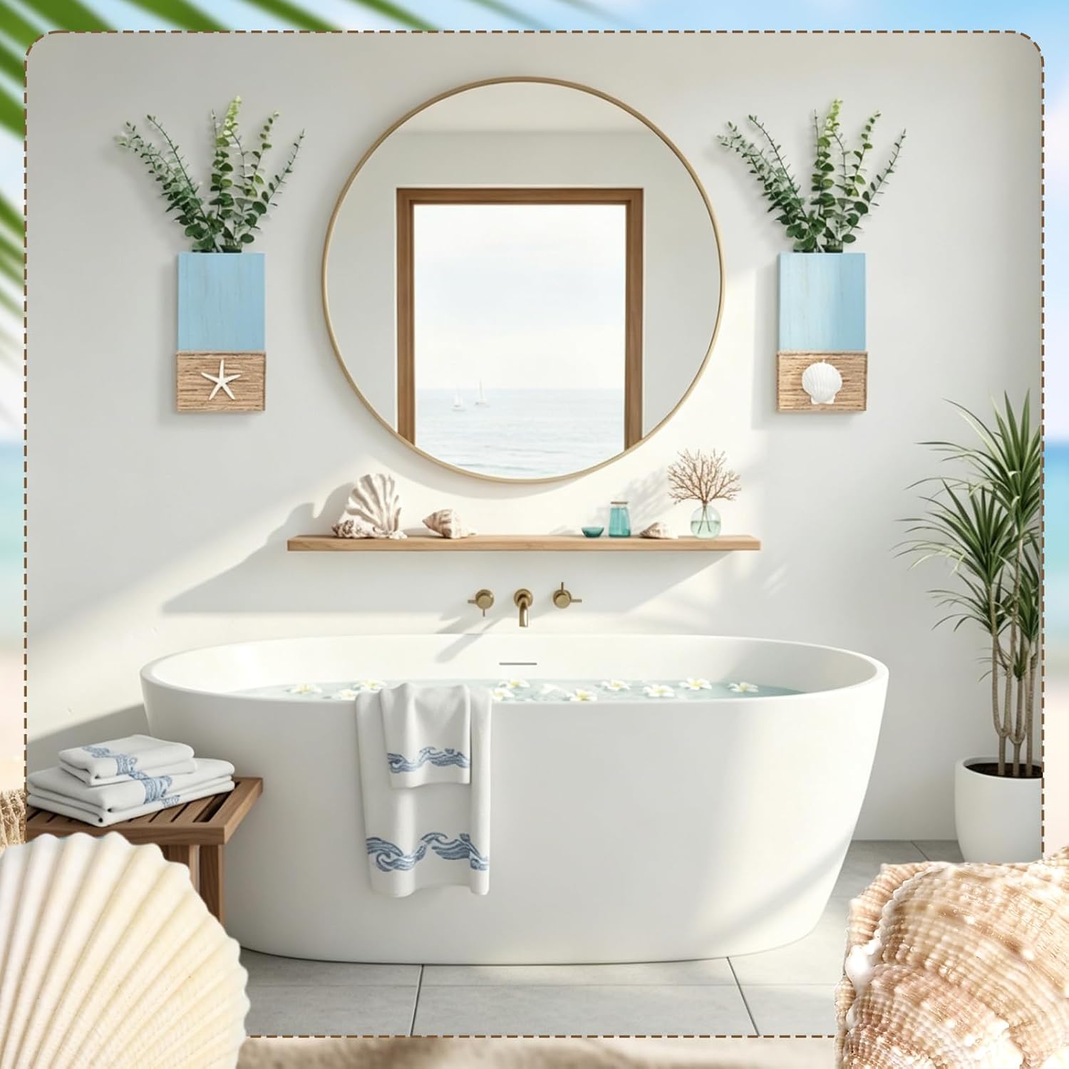 Beach Rustic Wood Wall Planter Vase Beach Room Decor Nautical Coastal / Seashell / Blue / Set of 2