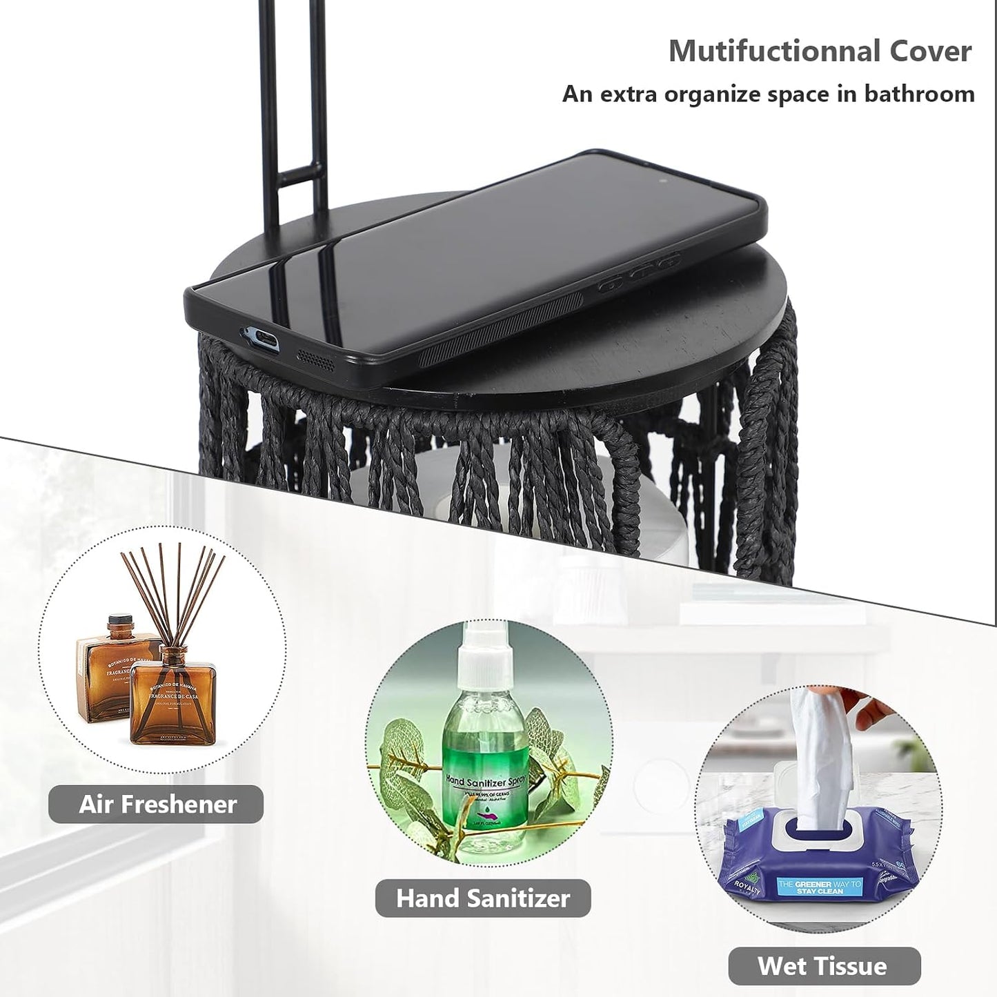 Black Freestanding Toilet Paper Holder with Storage,3 Rolls of Tissue Holder for Bathroom,Handmade Woven Toilet Paper