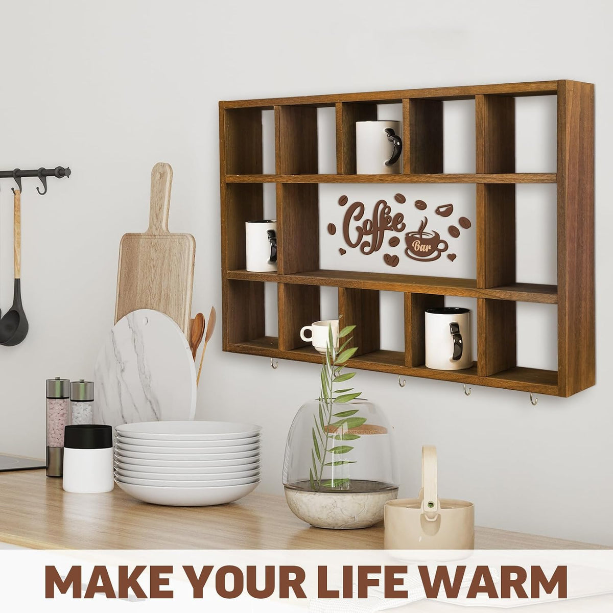 Cinnvoice Oversize Coffee Mug Display Shelf for Wall, Rustic Brown | Wood Coffee Mug Rack, Wall Mounted Shelf, Cubes