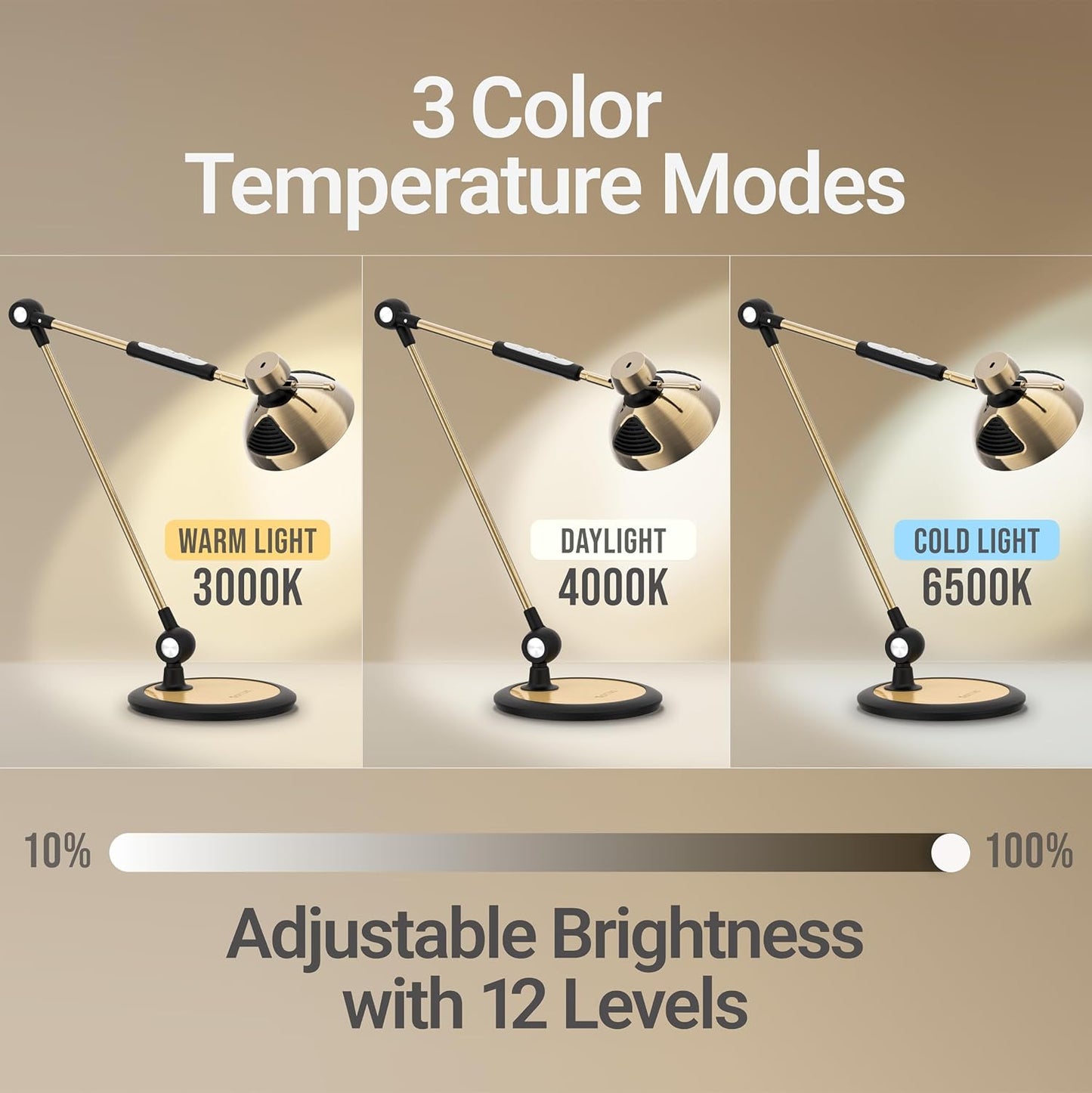 OTUS Tall LED Architect Desk Lamp for Home Office, Gesture Control, Brass | Touch Dimming, 12 Brightness Levels