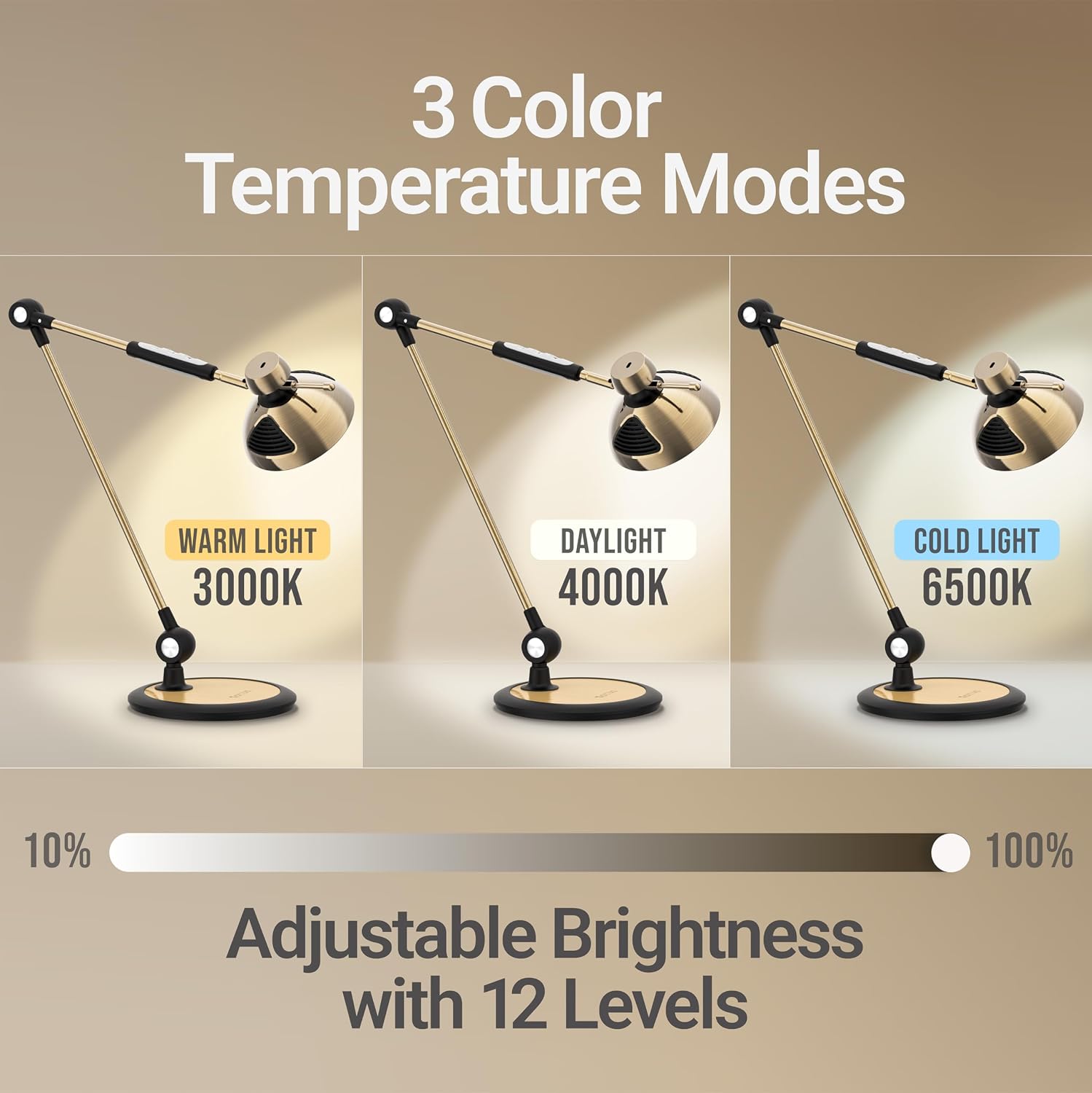 OTUS Tall LED Architect Desk Lamp for Home Office, Gesture Control, Brass | Touch Dimming, 12 Brightness Levels