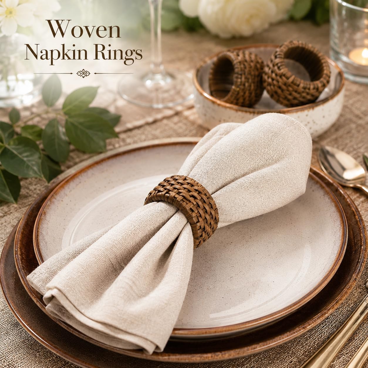 Jute Cane Napkin Rings, Woven, 12-Pack, Walnut | Plastic & cane, 2.25x2.25x1.5 in each, reusable, farmhouse, boho