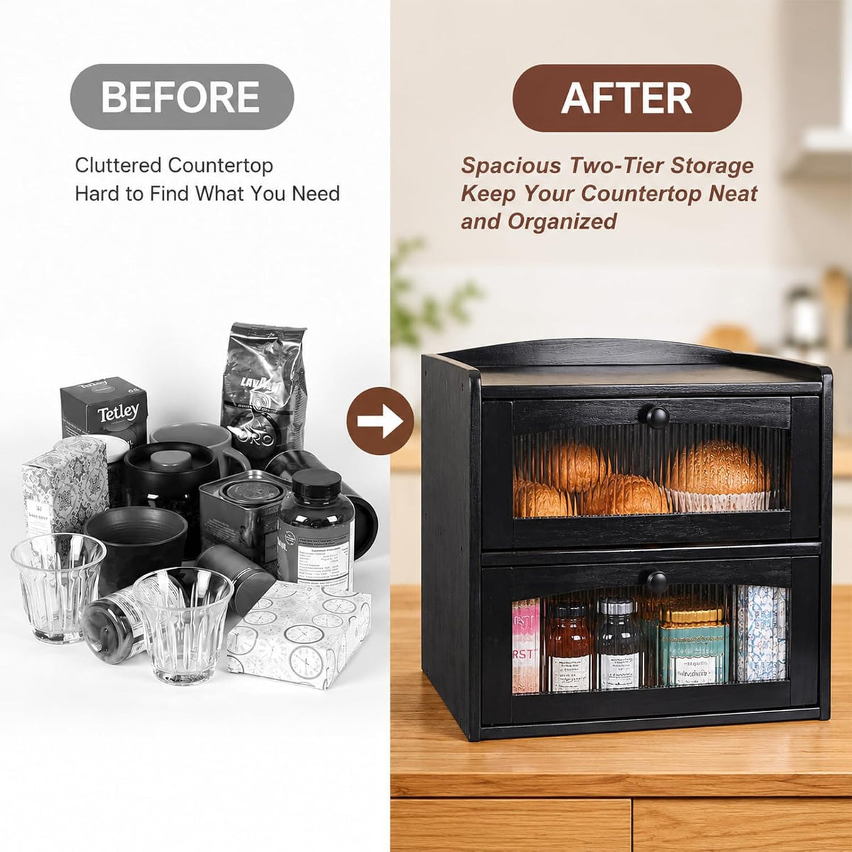 Large Wooden Bread Box for Kitchen Countertop, 2-Tier, Black | Clear Acrylic Window Spacious Bread Storage Farmhouse