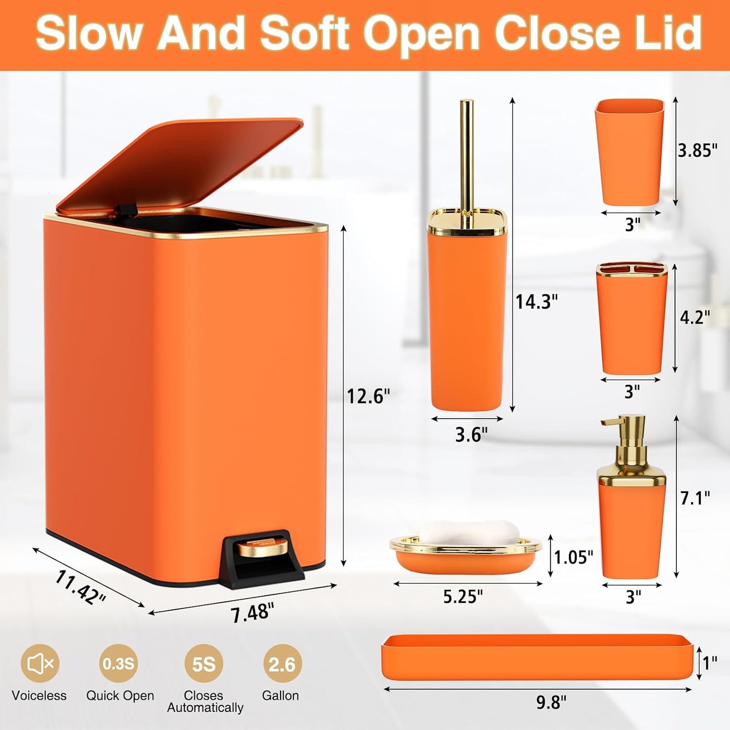 XLHOMO Bathroom Accessories 8 Piece Orange and Gold Bathroom Set, Bath Accessories with Stainless Steel Trash
