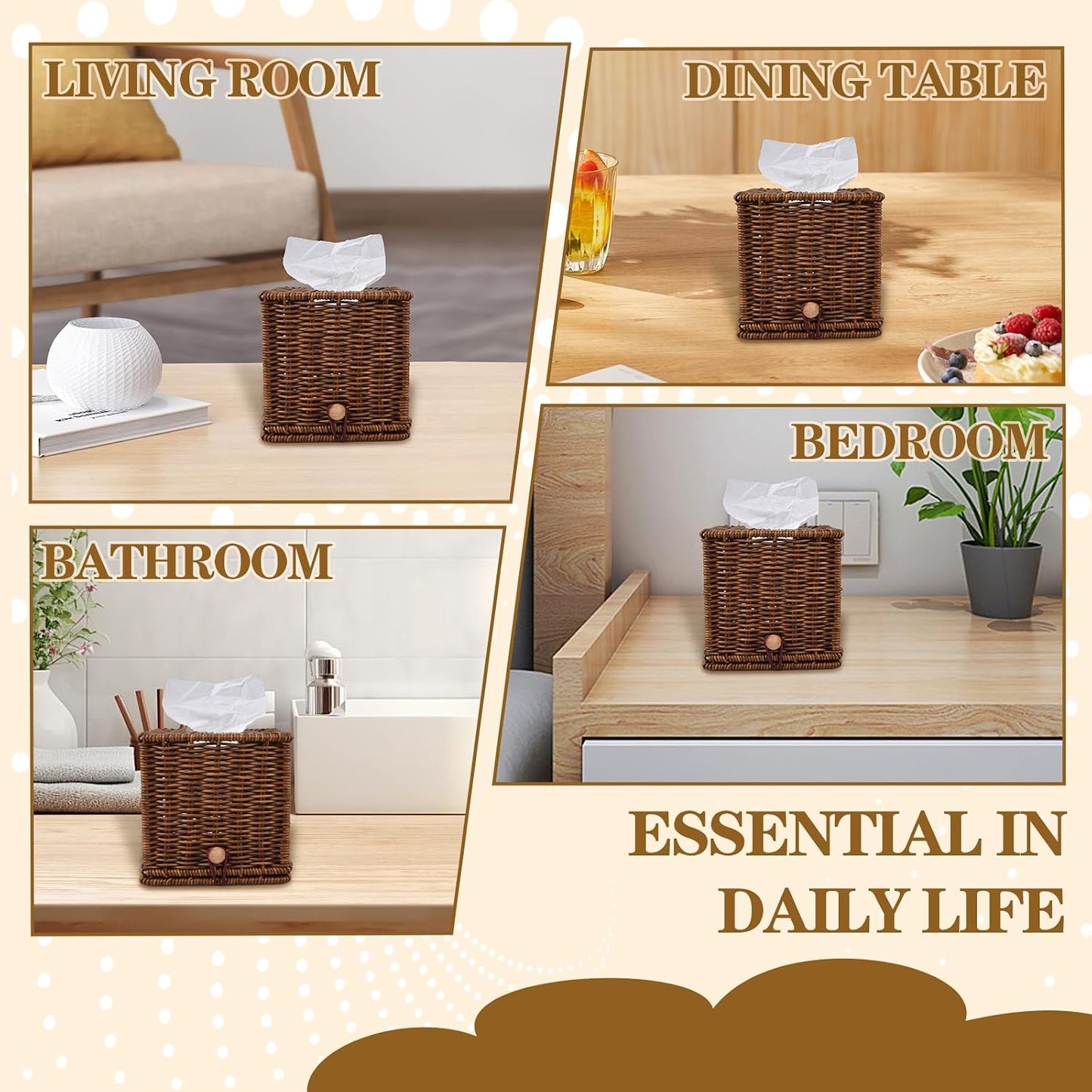 Rattan Tissue Box Cover Square Woven Decorative Rectangle Tissue Box Holder Bathroom / Natural