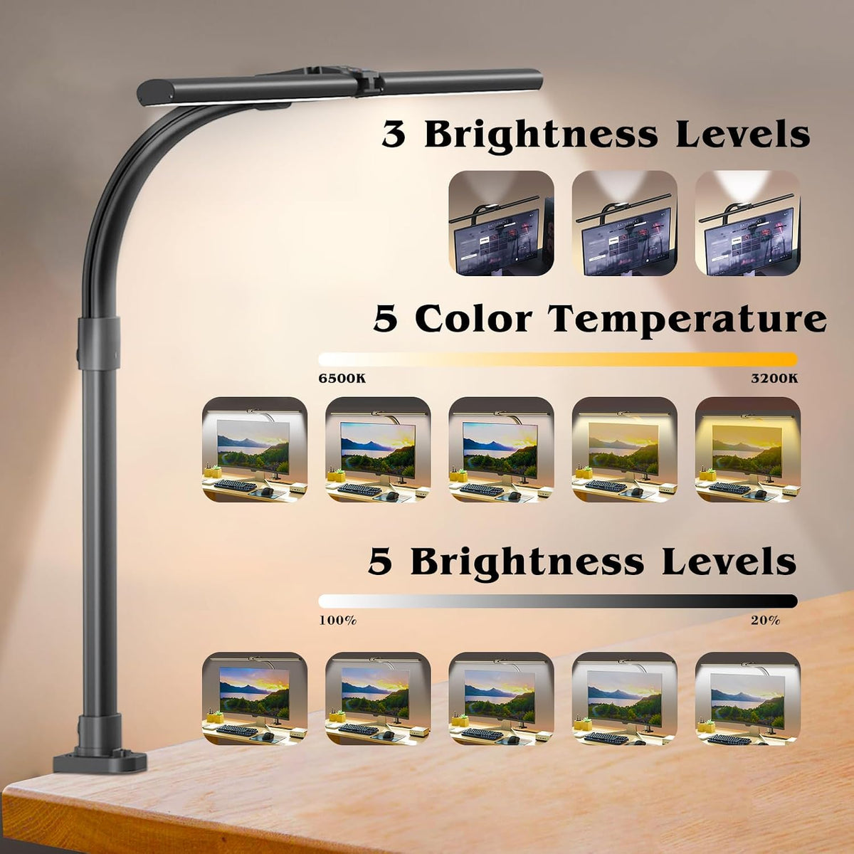 AKRRYR Led Desk Lamp for Home Office,24W Bright Eye-Caring Desk Light with Clamp,5 brightness and 5 temperatures