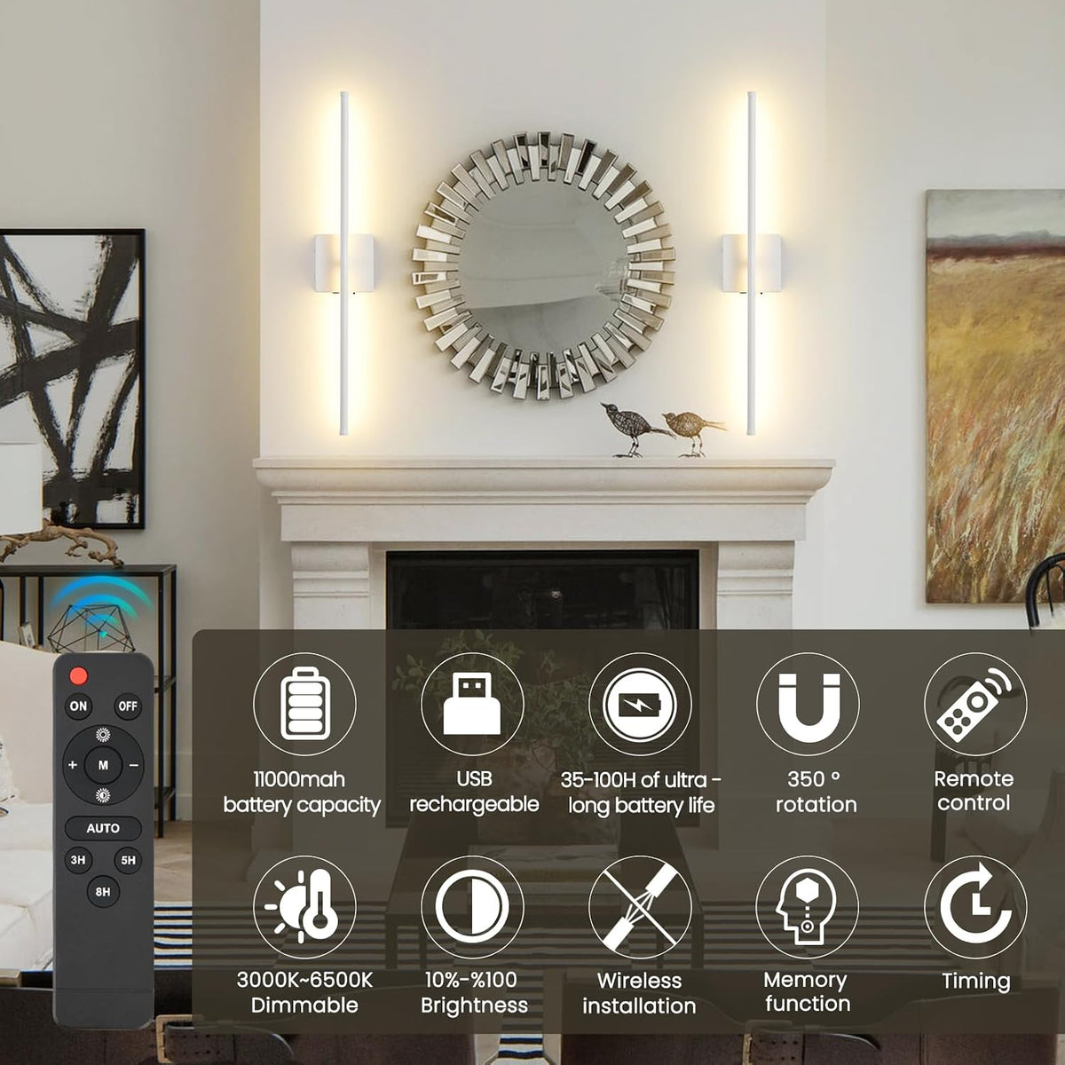 Rechargeable Battery Operated Wall Sconces, 11000mAh Wireless White Wall Lights with Remote Control, 350°Rotate