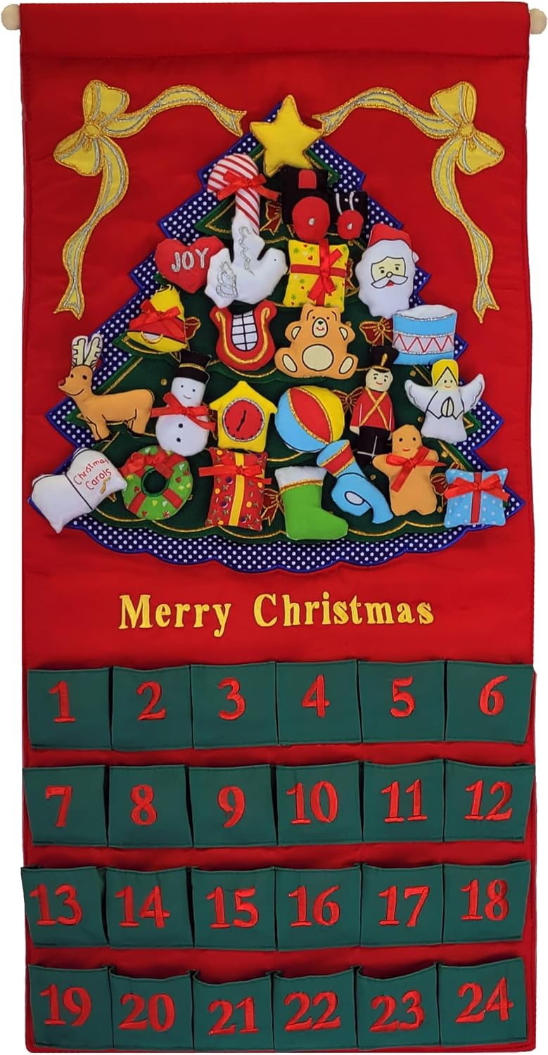 Merry Christmas Green Tree Advent Calendar by Pockets of Learning | Festive Holiday Décor, Seasonal Fabric Wall Hanging