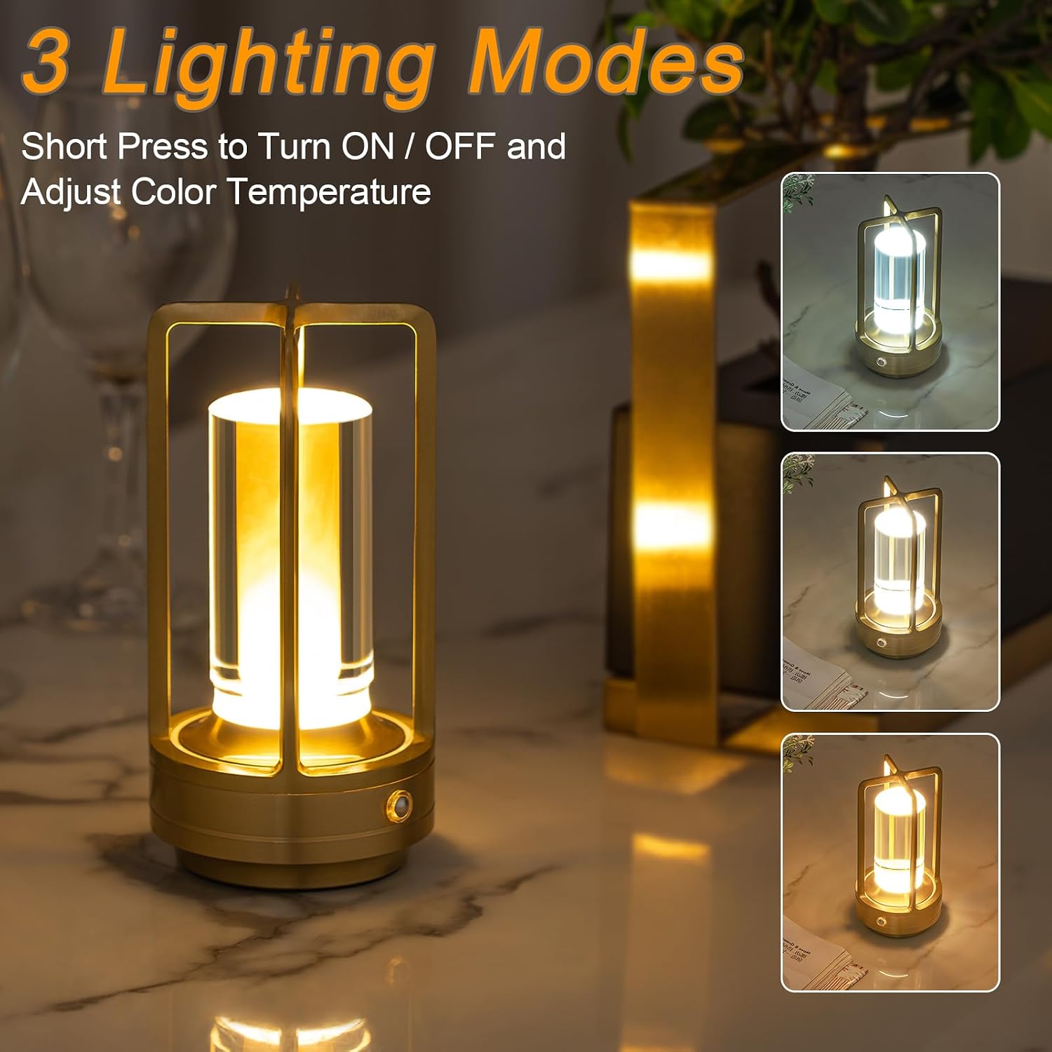 Cordless Table Lamp Rechargeable Small Crystal Lamp, Gold | Stepless Dimming 3 Color Nightstand Bedside Lamp, Metal LED