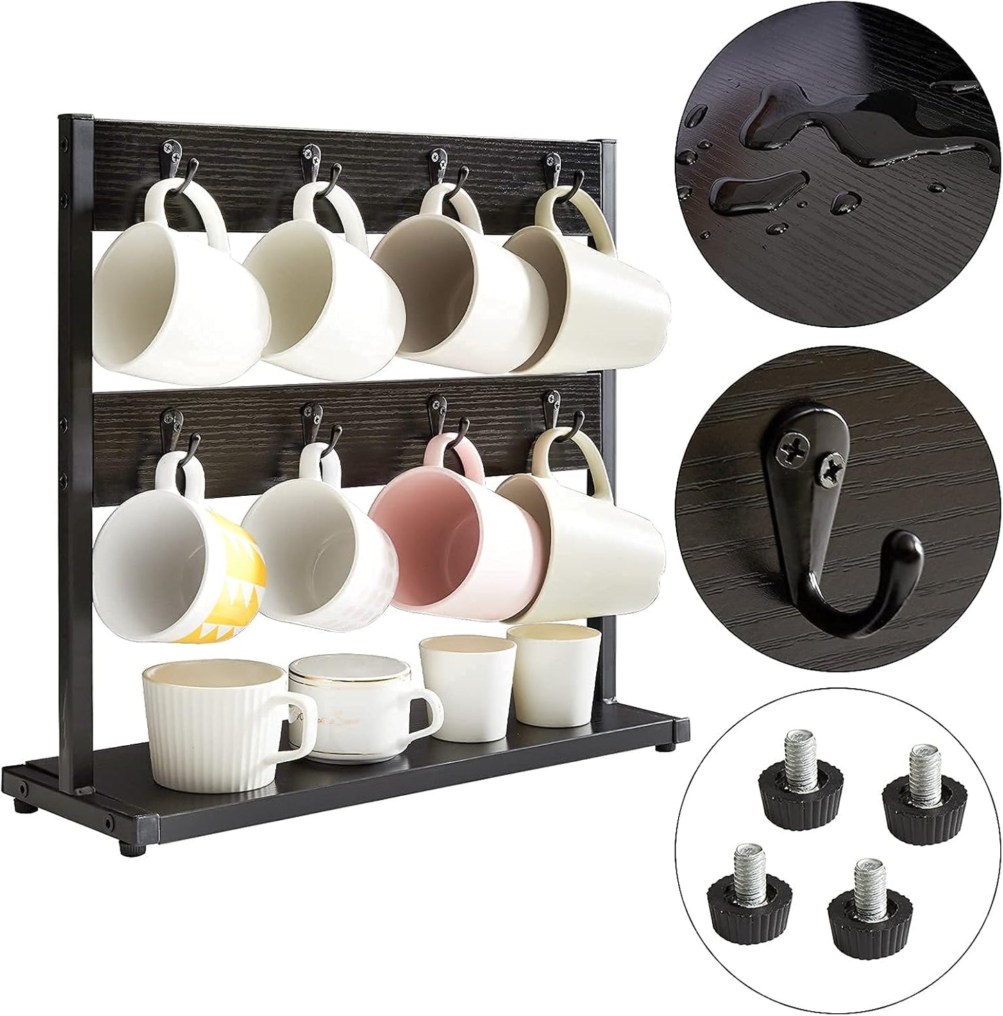 IBUYKE Coffee Mug Holder for Countertop,16 Hook Mug Tree,Black TBJ001B | Coffee Cup Holder Mug Display Organizer Mug