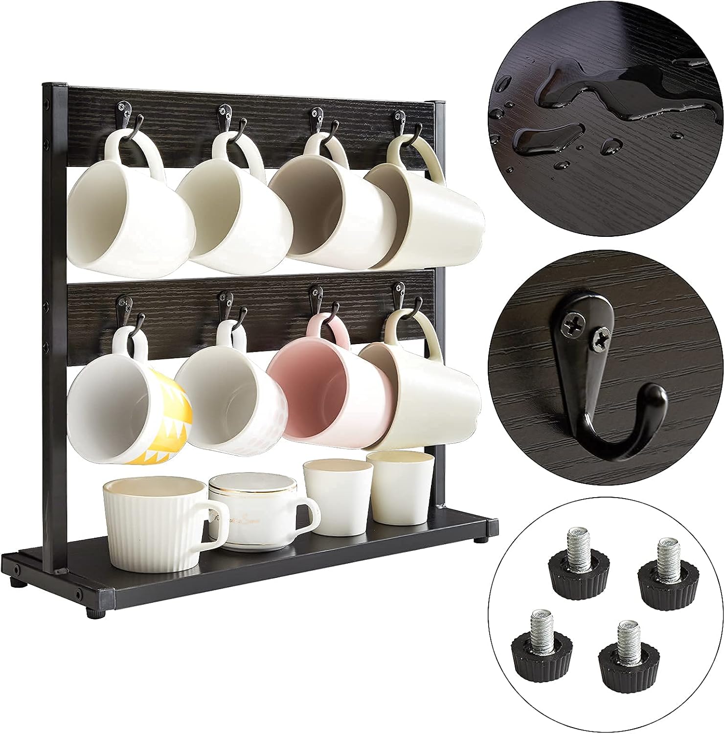IBUYKE Coffee Mug Holder for Countertop,16 Hook Mug Tree,Black TBJ001B | Coffee Cup Holder Mug Display Organizer Mug