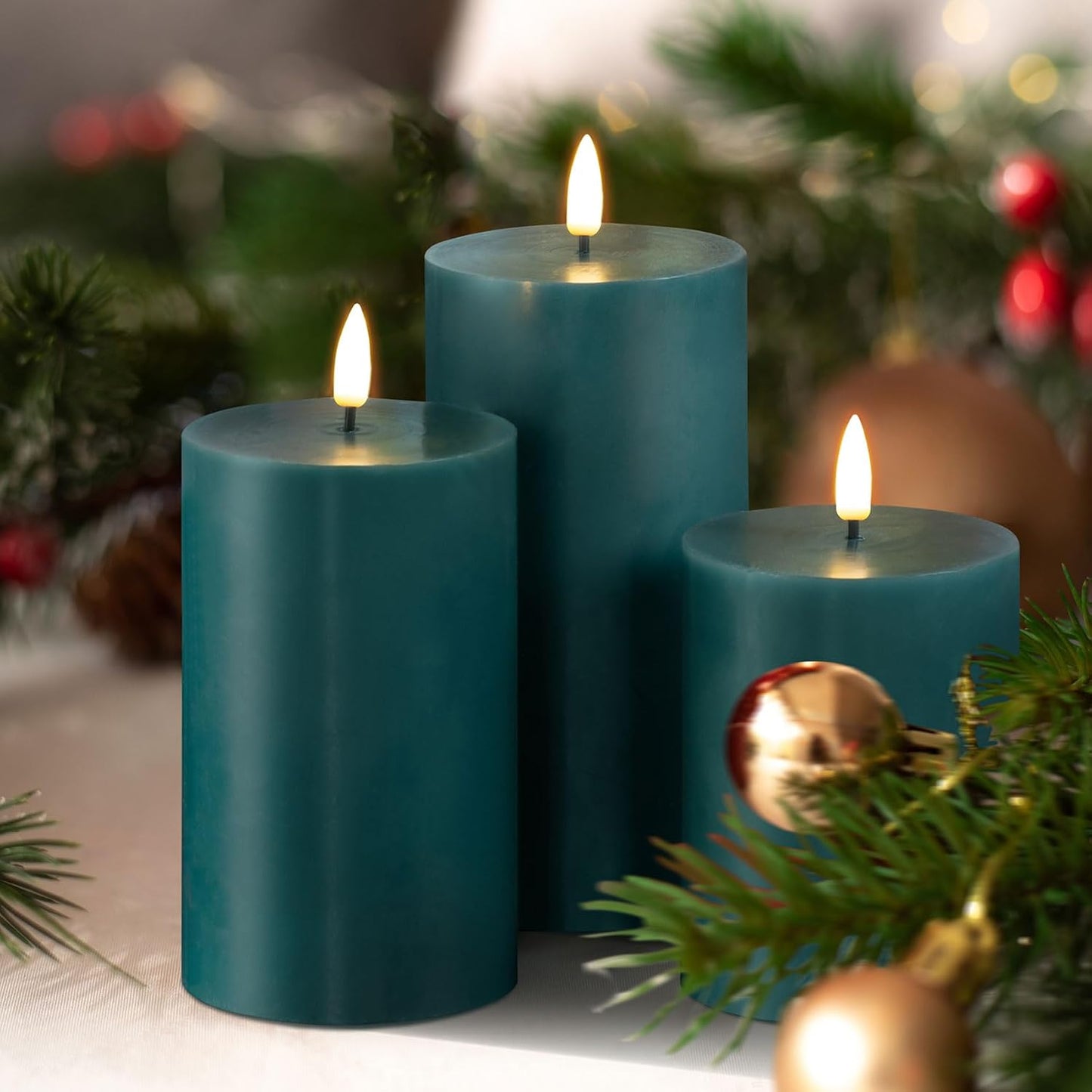 Green Flameless Pillar Candles with Remote Set of 3 | Flickering LED Candles, 2 AA Battery Power, Flat Top Real Wax