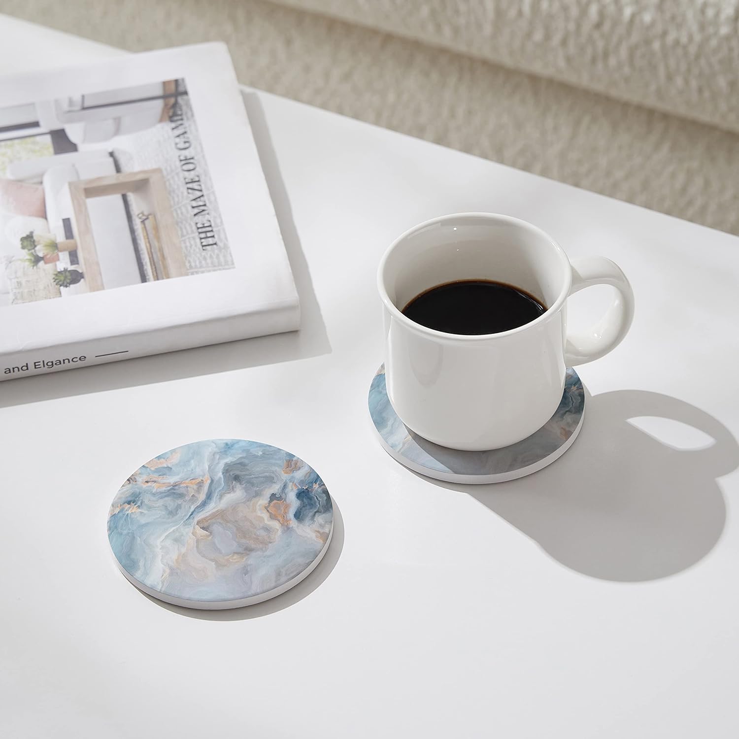 Holder / Absorbent Ceramic Coasters for Drinks / Abstract Blue Marble / Set of 6
