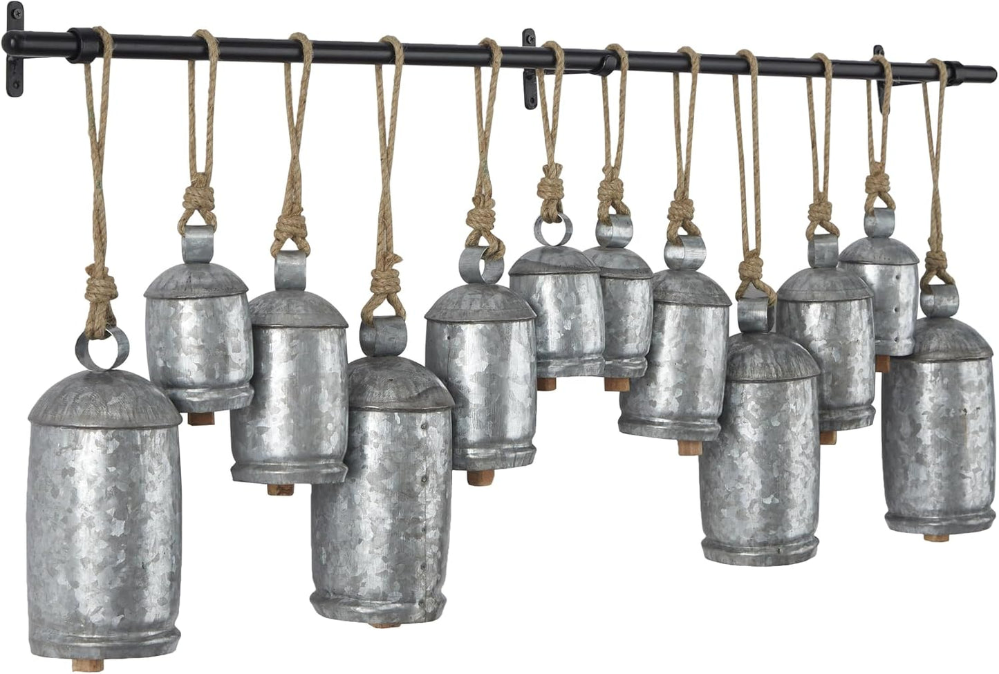 Deco 79 Metal Decorative Cow Bells Tibetan Inspired 12 Bell with Jute Hanging Rope and Black Metal Rod, 48" x 6" x 20"