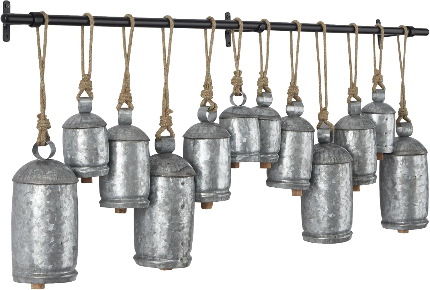 Deco 79 Metal Decorative Cow Bells Tibetan Inspired 12 Bell with Jute Hanging Rope and Black Metal Rod, 48" x 6" x 20"