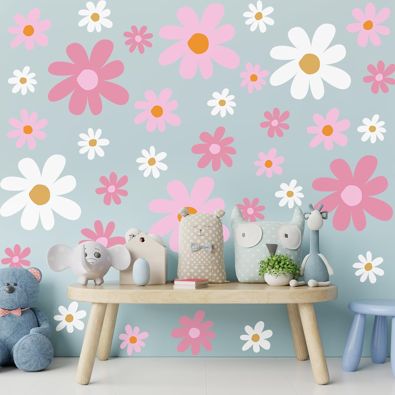 12 Sheet Daisy Wall Sticker Decal Removable Daisy Bedroom Room Decor / Vibrant Style / Pink Color